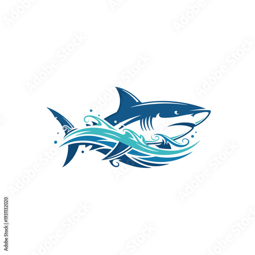 Stylized blue shark swimming through dynamic ocean waves