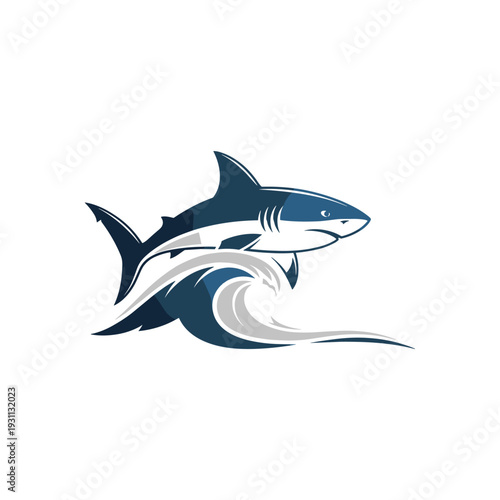 Stylized blue shark swimming over a dynamic ocean wave illustration