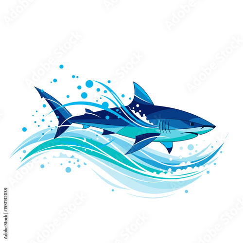 Stylized blue shark swimming through dynamic ocean waves