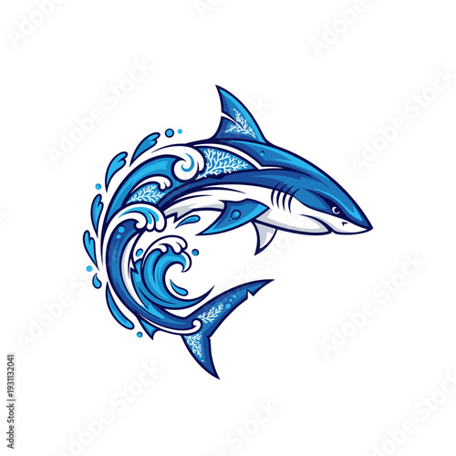 Stylized blue shark swimming with dynamic waves and coral patterns