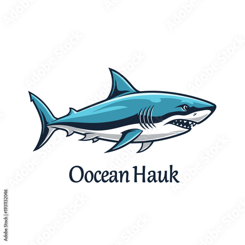 Stylized blue shark with sharp teeth emerging from the water against a light blue background
