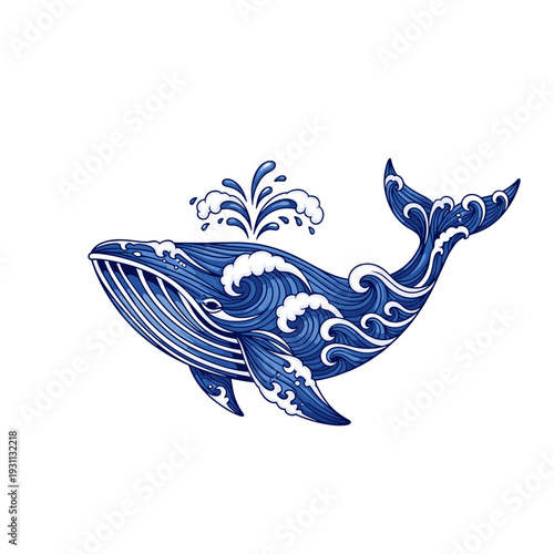 Stylized blue whale spouting water and swimming with decorative waves