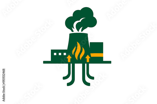 Sustainable geothermal energy power plant icon with cooling tower and underground heat extraction pipes