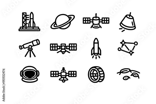 Space exploration icon set featuring rocket ship satellite telescope planet astronaut helmet and constellation symbols for science and