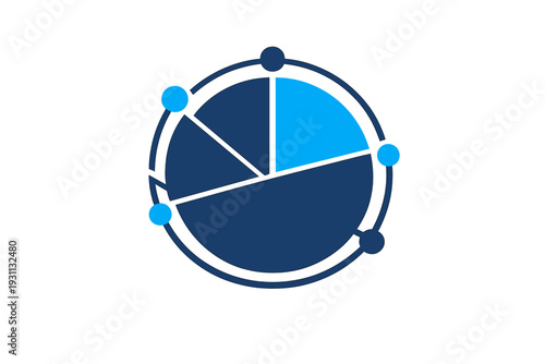 Circular pie chart with blue segments and connected nodes for data visualization and business analytics representation on white background