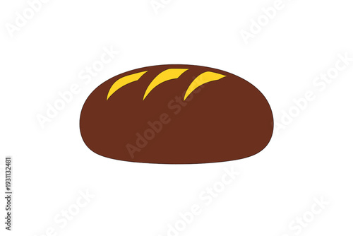 Simple brown loaf of bread with yellow score marks isolated on white background for bakery and food design concepts