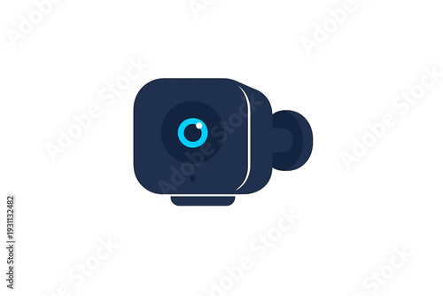 Modern dark blue security camera icon with bright blue lens isolated on white background for surveillance and monitoring concepts