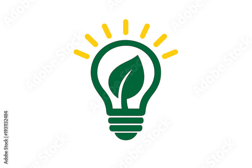 Green light bulb with leaf inside representing renewable energy and environmental conservation concept on white background