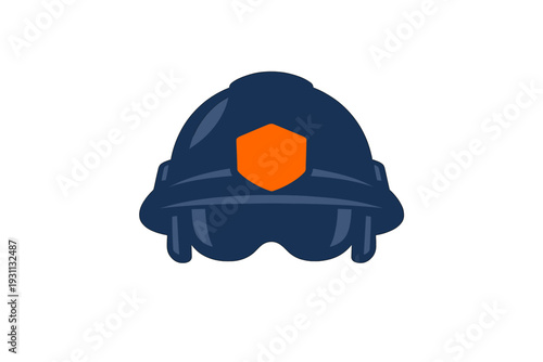 Firefighter helmet icon with orange shield badge for emergency services and fire department safety equipment on white background