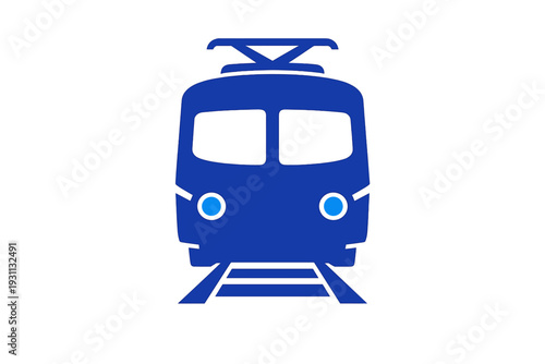 Blue train front view on railway tracks for public transportation and urban commuting symbol