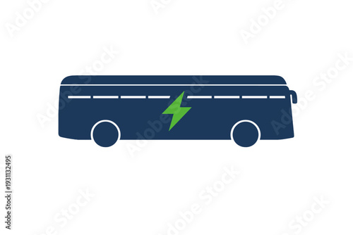 Electric bus silhouette with green lightning bolt symbol representing sustainable public transportation and eco friendly urban transit