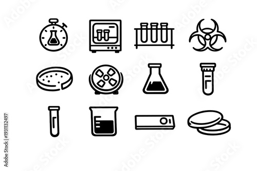 Laboratory equipment icons set featuring test tubes beaker petri dish biohazard symbol and centrifuge for scientific research and medical