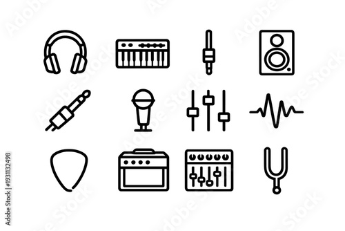 Music and audio production equipment icons including headphones microphone speaker keyboard amplifier and mixing console on white background