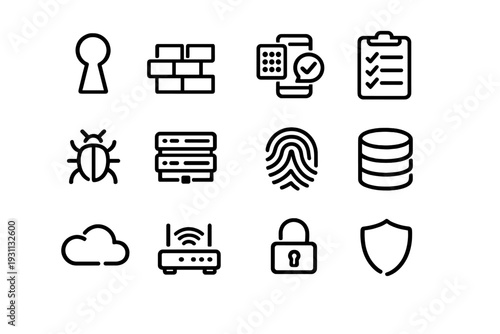 Cybersecurity and network data protection icons including firewall server cloud storage fingerprint biometrics and padlock symbols