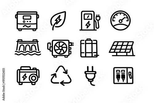 Sustainable energy and power generation line icons featuring solar panel electric vehicle charging station hydroelectric dam and recycling