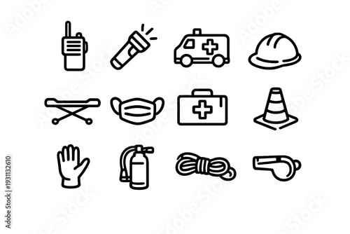Emergency and safety equipment icons set including ambulance first aid kit fire extinguisher and hard hat on white background