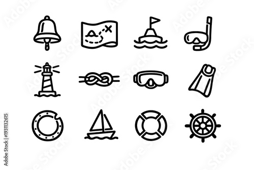 Nautical and marine line icon set featuring lighthouse sailboat treasure map snorkel mask lifebuoy and ship wheel on white background
