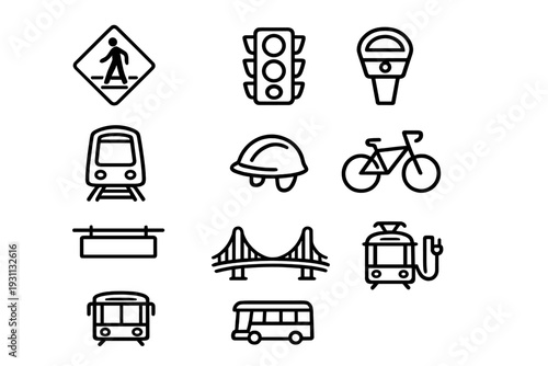 Set of city transportation and urban infrastructure line icons including bus train bicycle traffic light and bridge symbols on white