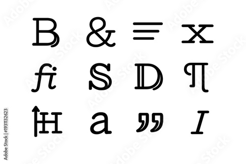 Set of black typographic symbols including ampersand and mathematical characters isolated on a white background for design