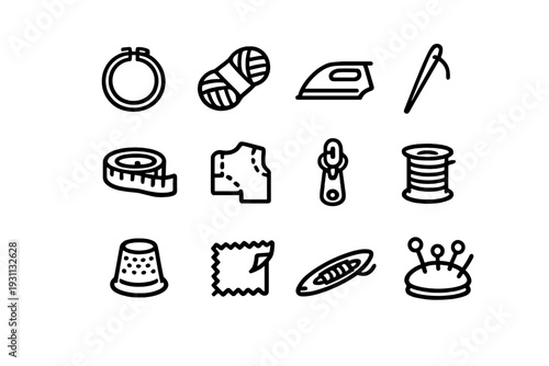 Sewing and tailoring equipment icons set featuring needle thread measuring tape iron thimble and pincushion for dressmaking and craft