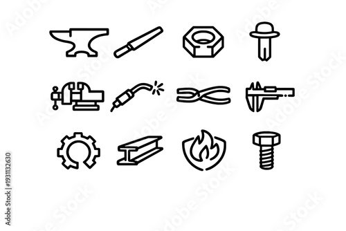 Set of industrial metalworking and construction tool icons including anvil vise welding torch gear and bolts on white background
