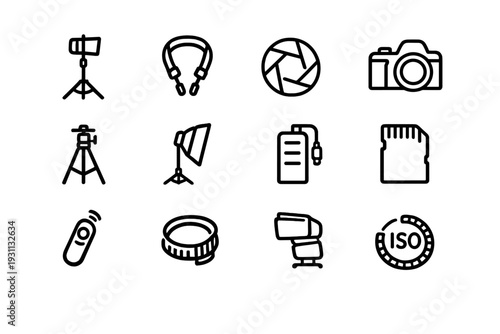Photography equipment and camera accessories line icon set including tripod lens flash memory card and studio lighting gear