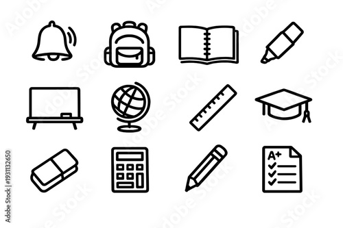 Set of school and education icons including backpack globe calculator and graduation cap for academic learning concepts