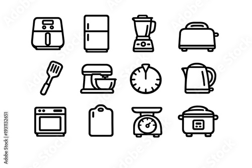 Kitchen appliance and cooking tool icon set with air fryer refrigerator blender toaster spatula mixer timer kettle oven and scale