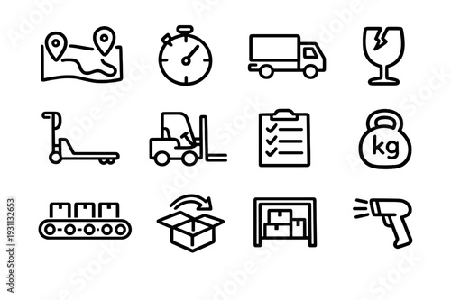 Logistics and warehouse management line icon set featuring delivery truck forklift barcode scanner and shipping symbols