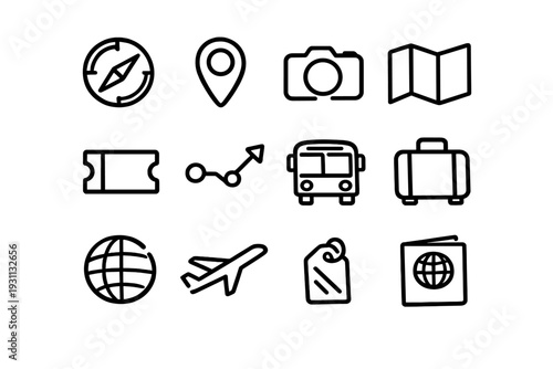Minimalist travel and tourism line icon set featuring airplane suitcase passport globe and camera for vacation planning and navigation