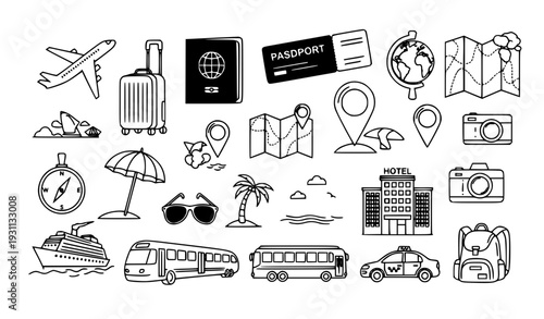 Travel and Vacation Line Icon Set with Airplane, Luggage, Passport, Maps, Navigation Pins, Hotels, Transportation, and Tourism Symbols for Apps, Websites, and Vector Design