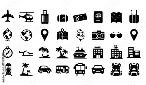 Travel and Tourism Solid Icon Set with Airplane, Luggage, Passport, Maps, Navigation Pins, Hotels, Transportation, and Vacation Symbols for Apps, Websites, and Vector Design