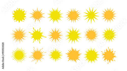 Bright yellow sun icons with various ray styles. Flat weather and summer vector EPS.
