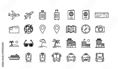 Travel and Tourism Line Icon Set with Transportation, Luggage, Maps, Landmarks, Navigation, and Vacation Symbols for Travel Apps, Websites, Guides, and Vector Design