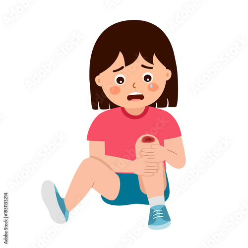 Cute girl with knee pain in flat design. Injured kid.