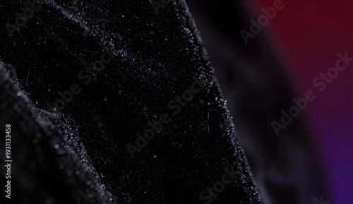 A deep black velvet-like dark background with an extreme macro texture, subtle cosmic dust particles, and soft, almost invisible gradients of crimson and violet light on the far right edge