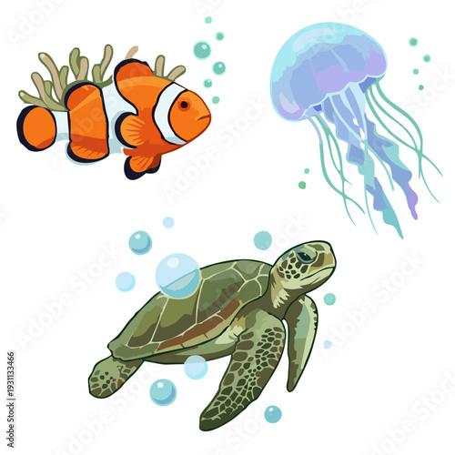 underwater marine life with sea turtle clownfish and jellyfish