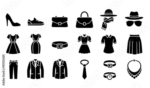 Women Fashion Silhouette Icon Set with Dresses, Heels, Handbags, Blazers, Skirts, Accessories, and Stylish Apparel Elements for Boutique and Ecommerce Design