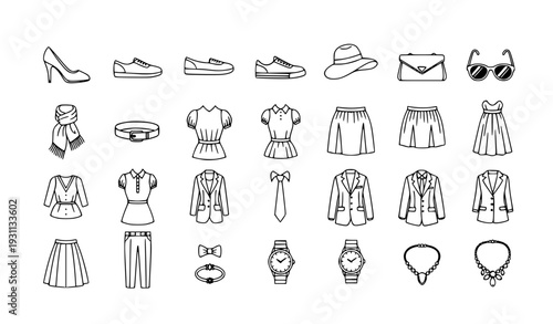 Women Fashion Outline Icon Set with Shoes, Dresses, Skirts, Blazers, Accessories, Handbag, Sunglasses, and Clothing Elements for Boutique and Ecommerce Design