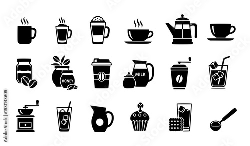 Coffee Silhouette Icon Set with Cups, French Press, Takeaway Mug, Coffee Beans, Grinder, Dessert, and Cafe Beverage Elements for Menu and Branding Design