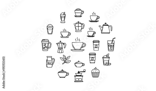 Coffee and Tea Outline Icon Collection with Cups, Teapot, Takeaway Drinks, French Press, Coffee Grinder, and Cafe Beverage Elements for Menu Design