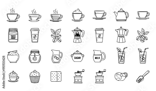 Coffee and Tea Line Icon Set with Cups, Teapot, French Press, Coffee Beans, Grinder, and Cafe Drink Elements for Menu and Web Design