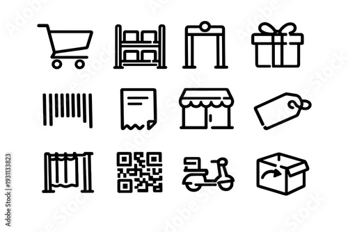Minimalist black line icons for retail shopping commerce and delivery services including cart barcode and storefront