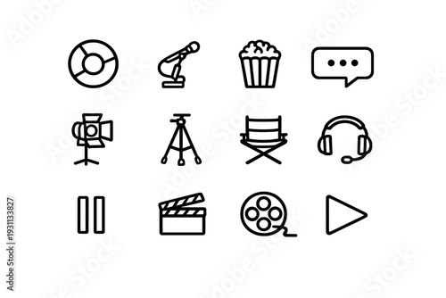 Set of cinema and film production line icons including clapperboard popcorn director chair film reel and studio equipment on white