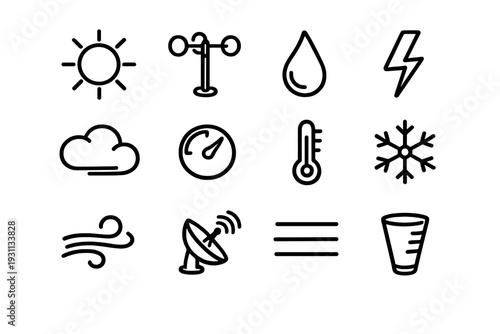 Weather icons set including sun cloud rain lightning thermometer wind and snowflake symbols for meteorology forecast