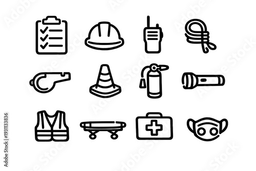 Emergency and safety equipment icons set including first aid kit hard hat fire extinguisher traffic cone and medical stretcher for