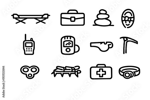 Mountain rescue and emergency equipment icons including first aid kit ice axe stretcher walkie talkie whistle and headlamp on white