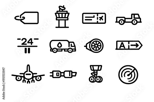 Set of airport and aviation line icons including airplane control tower radar boarding pass seatbelt and fuel truck for travel industry