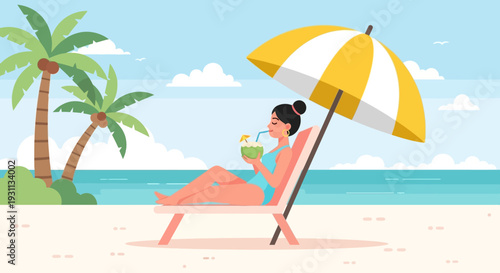 Woman Relaxing Under Beach Umbrella.