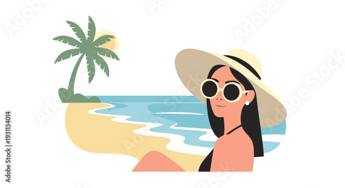 Woman Wearing Sunglasses and Sun Hat Relaxing.